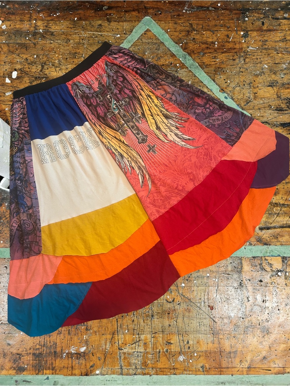 Upcycled patchwork rhinestone cross embellished rocker midi skirt
